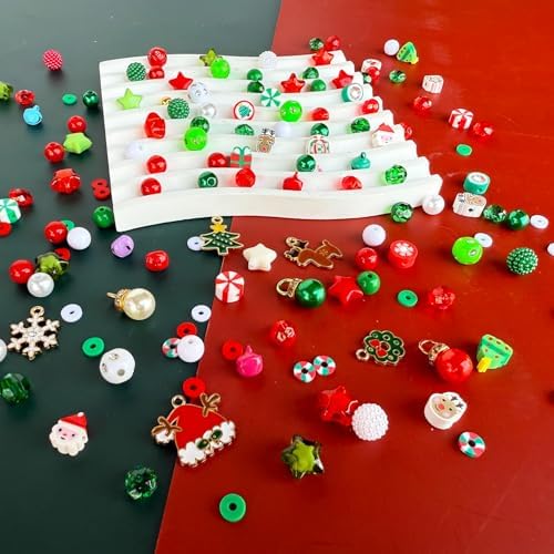 1540PCS Christmas Beads for Bracelets Jewelry Making Kit, Christmas Tree Snowflake Charms, Red Green Xmas Clay Beads Assorted Acrylic Crystal Round Pearl Star Spacer Bead for DIY Crafts Necklace