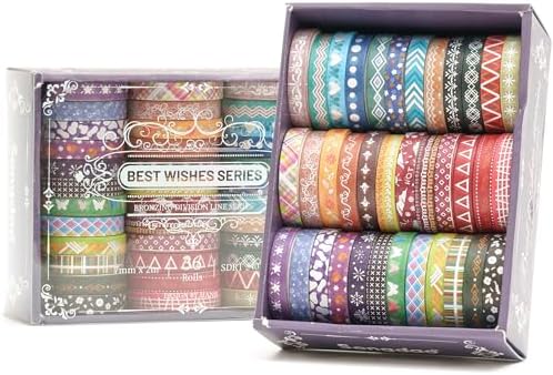 36 Rolls Skinny Washi Tape Set Gold Foil Detailing Arts Adhesive Tapes Basic Patterns Decorative Masking Tape Sets for Craft, Kids, Scrapbook, DIY, Gift Wrapping (Colorful Silver)