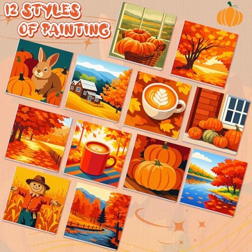 Nezyo 12 Pack Fall Paint by Numbers Kit for Adults Beginner 8x8 Inch | Autumn Pumpkin Maple Leaf Paint by Number Kits Frame Canvas, DIY Acrylic Easy Painting by Numbers for Home Wall Decor Party