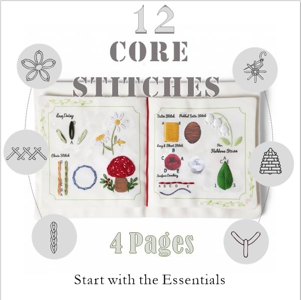 TenDawn Embroidery Stitch Book Kit, 12 Stitches, Basic Set | Fabric Practice Book, Embroidery Kit for Beginners, Easy Entry Sewing Set