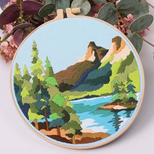 Harimau Adult Beginner Embroidery Starter Kit Natural Landscape Patterns, Complete Set with 4 Patterns, 2 Hoops, Needles, Scissors, Instruction Guide & Stitching Video Tutorials
