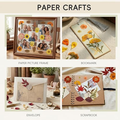 LUXEEASE 100P Autumn Dried Pressed Flowers, Warm Tone | Rust orange burgundy blooms, cozy fall feel, for resin scrapbook card seasonal home decor, tweezers included