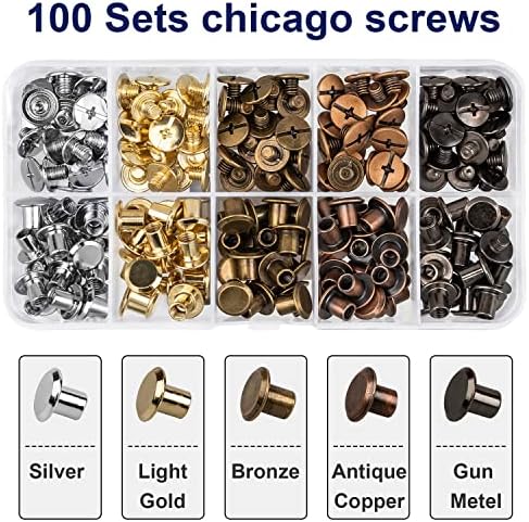 Siziviki 100 Sets Chicago Screws for Leather Crafting, 5 Colors 7/20 Inch