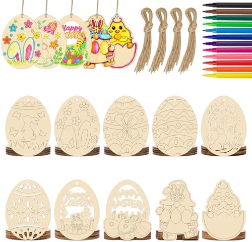 Philorn 40PCS Easter Wooden Crafts Wood Ornaments Kits | Easter Wooden Egg Crafts DIY Eggs Hanging Set for Kids Easter Party Supplies Kids Painting Arts Crafts Spring Home