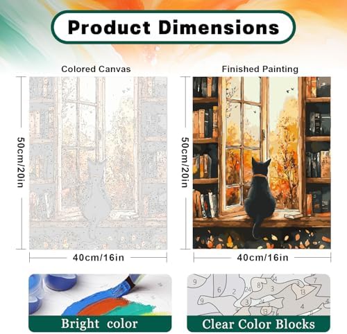 Possoco 2 Pack Paint by Numbers Kit for Adults Beginner, Black Cat Adult Paint by Number Kits on Canvas, DIY Acrylic Vintage Books Number Painting for Adults for Home Decor Gift 16x20 Inch