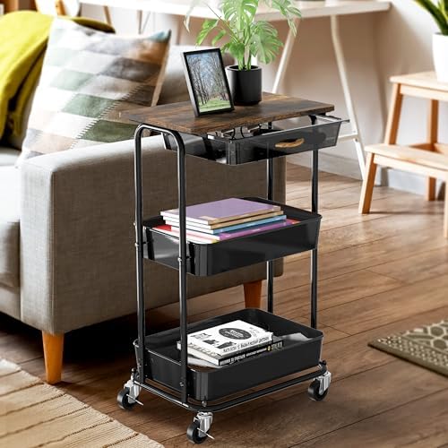 Simple Houseware 3-Tier Utility Cart with Drawer & Wood Top, Rustic Brown