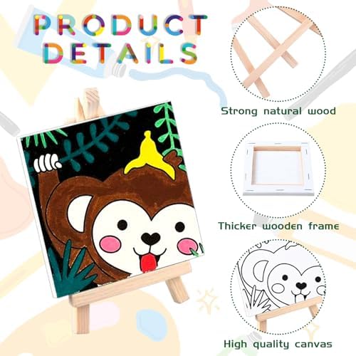 48PCS 12 Sets Printed Canvas Paint Art 12 Pcs Wooden Easel Set Paint Pots and Brushes and 12 Pre Drawn Canvas Panel 12 Pcs Mini Apron and Tote Bag for Kids(Dainty)