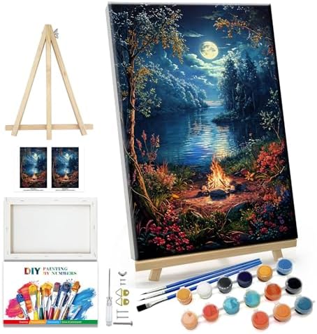 JOOZ Landscape Paint by Numbers Kit for Adults Beginner with Easel Moon Paint by Number on Canvas with Frame DIY Acrylic Painting for Ideal Gift Home Wall Decor 7.87x11.81 Inch