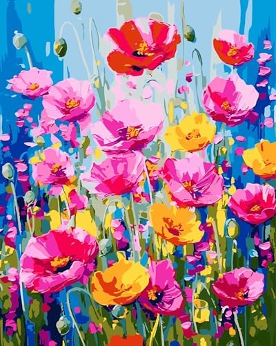 Yunnuo Paint by Numbers Kit for Adults Beginner, Flower Adults' Paint-by-Number Kits on Canvas,DIY Acrylic Pigment Poppy Flowers,Perfect for Home Wall Decor and Gifts(20x16 Inch)