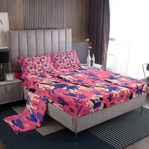 Manfei Cartoon Cowgirl Sheet Set Cactus Desert Plant Bedding Set Boho Style Western Horse Bed Sheets Teens Room Decor Navy Blue Pink (Queen Flat & Fitted Sheet with 2 Pillow Case)