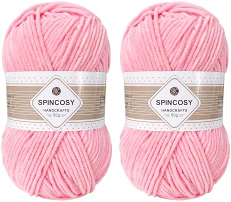 Skinny Chenille Yarn, 2 Pack of 50g/120 Yards Fluffy Soft Polyester Crochet Yarn Sutible for Colorful DIY Crafts Blankets Plush Dolls (Soft Pink)