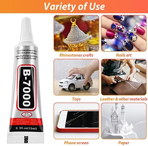 B7000 Clear Adhesive with Precision Tips, 5 PCS B-7000 Jewelry Bead Glue for Diamond Rhinestone Applicator Tools Set - Strength Adhesive for Nail Art DIY Crafts Clothes Shoes Bags