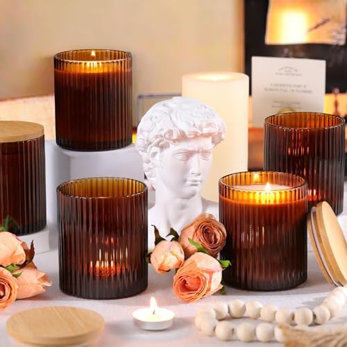 Amber Candle Jars with Lids, 8-Pack 12oz Ribbed Glass Candle Containers