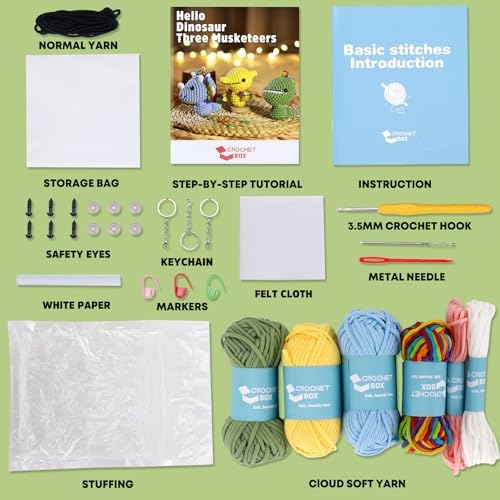 Crochet Kit for Beginners Adults - 3pcs Dinosaur Starters Crochet Kit, Beginners Crocheting Kitting for Adults Teen, DIY Craft Gifts with Crochets Yarns, Hook, Step-by-Step Video, Instruction