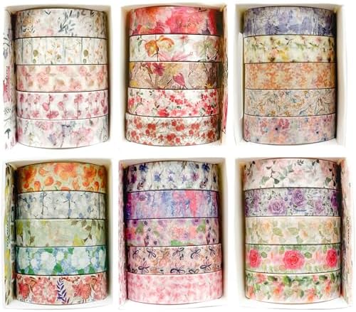 Flowers Washi Tape Set 30 Rolls Floral Patterns Decorative Skinny Slim Masking Tapes for Arts, DIY Crafts, Journals, Planners, Scrapbook, Wrapping (Blossoms Flourish)