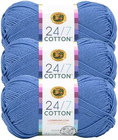 Lion Brand Yarn, 24/7 Cotton Yarn, Riviera, Medium Blue, 3 Pack