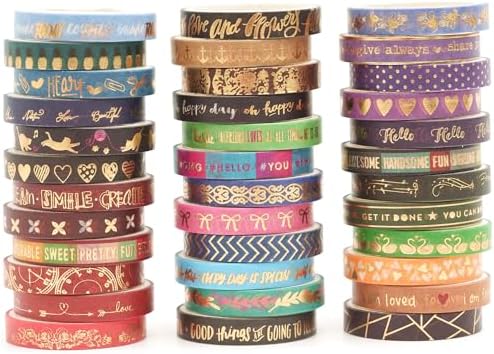 36 Rolls Skinny Washi Tape Set Gold Foil Detailing Arts Adhesive Tapes Basic Patterns Decorative Masking Tape Sets for Craft, Kids, Scrapbook, DIY, Gift Wrapping (Bronzing Letters)