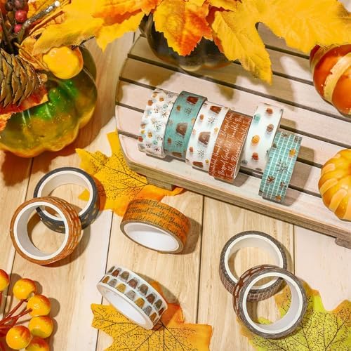 Whaline 12 Rolls Fall Boho Washi Tape Autumn Pumpkin Sweater Decorative Masking Tape for Thanksgiving Harvest Scrapbook Journal DIY Art Craft Gift Wrapping Supplies