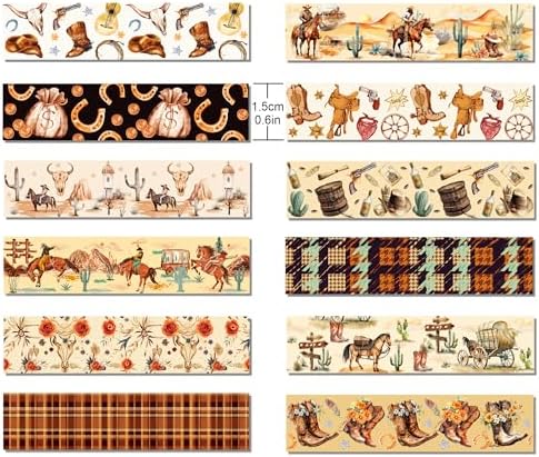 12 Rolls Western Washi Tape Masking Decorative Cowboy and Cowgirl Washi Tape for DIY Craft Gift Wrapping Handbook Sticker Scrapbook Journaling Party Favor
