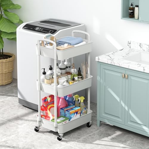 Sywhitta 3-Tier Plastic Rolling Utility Cart with Wheels for Storage,White