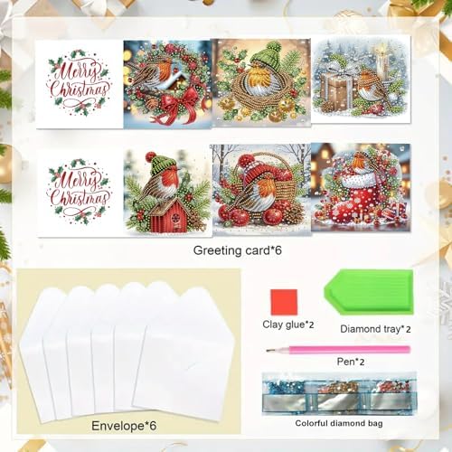 6Pcs Christmas Greeting Card DIY Diamond Art Painting Greeting Cards Blessing Folding Card Kit with White Envelopes Diamond Arts Crafts for Birthday Festival Gift-Bird02