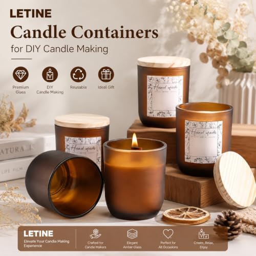 LETINE 12PCS Matte Amber Glass Candle Jars 8oz with Lids - Multi-Purpose Frosted Candle Containers for DIY Candle Making, Herb Storage, Sugar Scrubs, Perfect for Bridesmaids Gifts & Wedding Favor