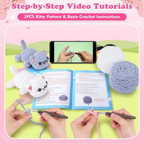 2PCS Kitty Crochet Kit for Beginners Cats Crochet Starter Kit for Adults