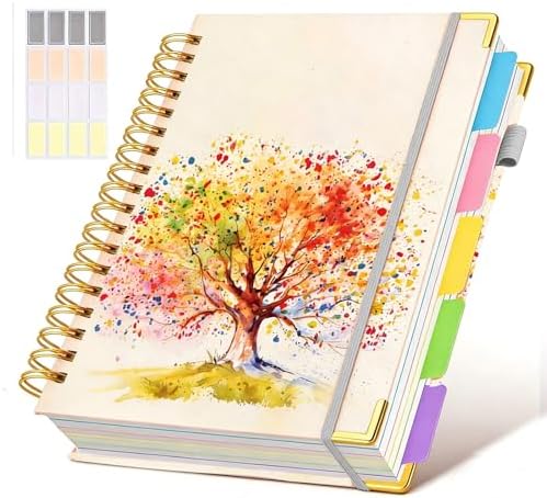 Hardcover Spiral Notebook journal with Removable Dividers Tabs, 300 Pages 5 Subject Notebook College Ruled, 100GMS Notebooks for Work School Note taking,Lined Journal for Women,Colorful Tree of Life