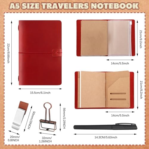 Thenshop Leather Travel Notebook 3 Inserts,Wine Red,A5 Size