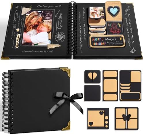 OVESMUSL 10x10 DIY Scrapbook Kit, Black, 40 Pages | Features 250gsm kraft paper, metal corners, 3D interactive elements, and glue stick. Great for wedding, anniversary, baby.