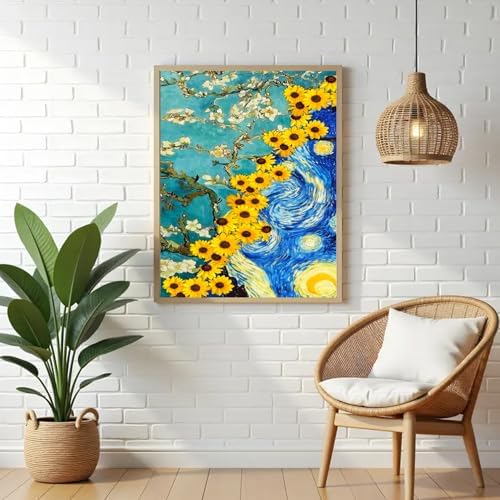 VeGuude Diamond Art Kits for Adults, Van Gogh Starry Night Sunflower Almond Blossom Combination Art, DIY 5D Round Full Drill Diamond Art for Beginner, Home Wall Decor Gift 12x16inch