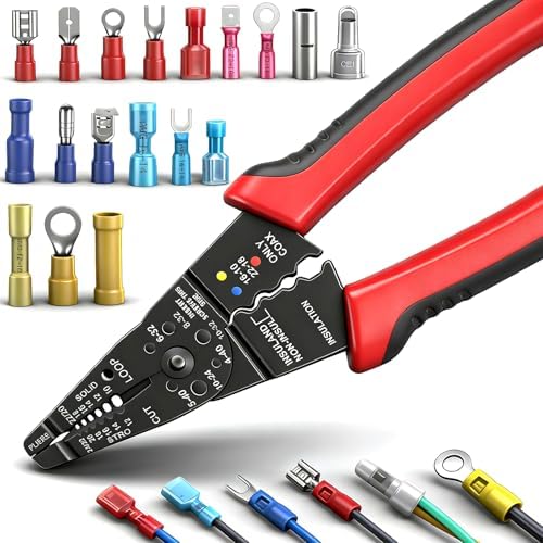 smseace Red Wire Crimping tool Wire crimper,stripper and cutter for insulated/Bare/Heat Shrink connectors(22-10 AWG) Multifunctional Cable Stripper and Crimping tool