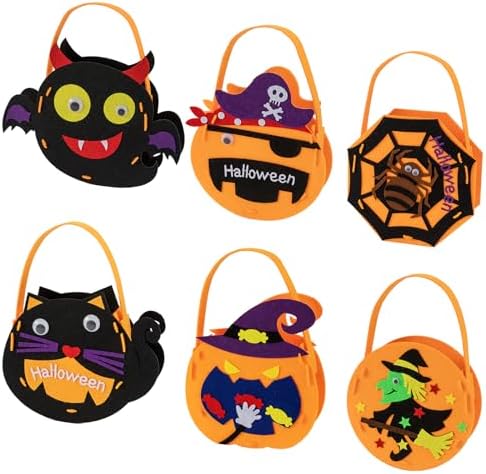 6 Set DIY Trick or Treat Bag Kit, Make Your Own Halloween Candy Bags Goodie Bags, Felt Craft with Stickers for Kids Halloween Party Favors