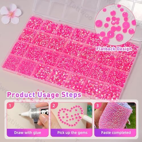 Hot Pink Jelly Rhinestones 2-6mm, 28Grid Flatback Gems Kit for Bedazzling