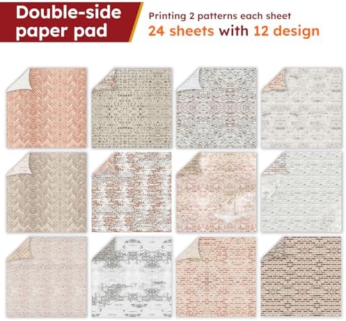 24 Sheets Retro Double Sided Scrapbook Paper, 6x6 Inch Brick Wall Textured Patterned Decorative Materials for Origami Cardstock Collage Junk Journal DIY Craft Wrapping Folded Photo Album