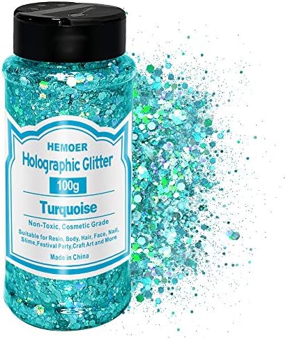 HEMOER Turquoise Glitter, 100g/3.5oz Holographic Chunky Glitter Mixed Hexagon Chunky & Fine Flakes Cosmetic Iridescent Sequins for Epoxy Crafts, Resin, Nail Body, Tumblers, Party Decoration