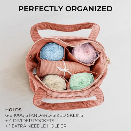 KIBAGA Stylish Yarn Bag for Crochet and Knitting Projects - Corduroy Crochet Organizer with 4 Interior Pockets and Yarn Holes - Perfect for Storing Hooks, Needles and Crafting Accessories
