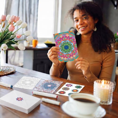 Gueevin 24 Pcs Mandala Coloring Greeting Cards with Envelopes and Stickers Floral Color Your Own Postcards 4 x 6 Flower Thank You Note Cards for Adults Wedding Birthday Gifting DIY Crafts Mailing
