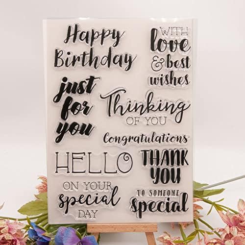Large Greetings Blessing Words Thank You Happy Birthday Clear Stamps Transparent Silicone Stamp Album Cards Rubber Stamp for Card Making Decoration and DIY Scrapbooking