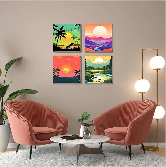 Canrichshop 4 Framed Landscape DIY Paint by Numbers Kit for Adults Beginner,Sunset Easy Painting by Number with Canvas,Acrylic Paint Kit Arts and Crafts for Adults for Decor 8x8inch