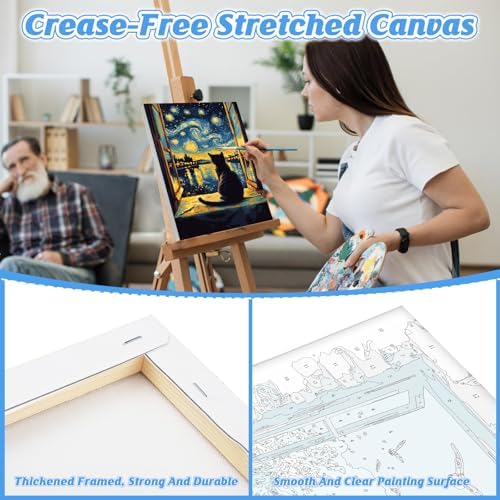 KEYIFA Paint by Numbers for Adults on Framed Canvas - with Wooden Easel, Starry Sky Painting by Number Kit for Beginners, DIY Black Cat Acrylic Paint-by-Number Kits for Home Wall Decor (8x12 inch)