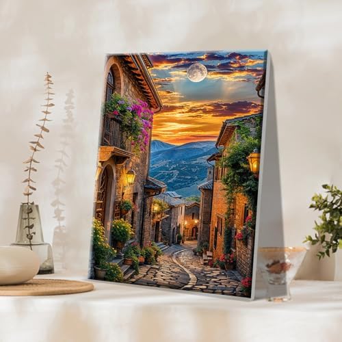 JOOZ Paint by Numbers Kit for Adults Landscape Paint by Number with Frame Town Street Paint by Number with Easel Moon Oil Painting Kits for Gift Home Wall Decor 7.87x11.81 Inch