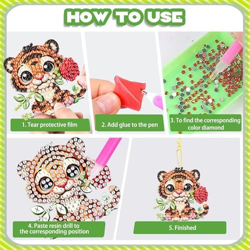 Masendp 8 Piece 5D DIY Animal Diamond Painting Double Sided Keychain Set, Flower Diamond Pendant Hanging Animal Art Decoration for Adult Beginner Pack Birthday Family Party Decoration