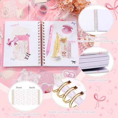 Tenceur Pink Bow Coquette Journal Diary Scrapbook Kit for Women Teen Girls