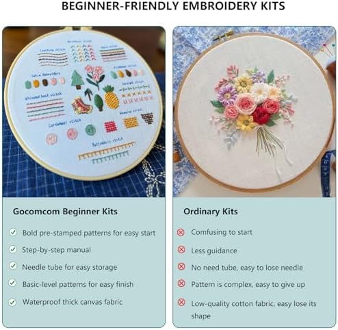 Gocomcom Embroidery Kit for Beginners, 3 Sets Cross Stitch Kits for Adults, Learn 33 Core Stitches, Needle Point Kits with Step-by-Step Instructions, DIY Craft Hobby Supplies for Women