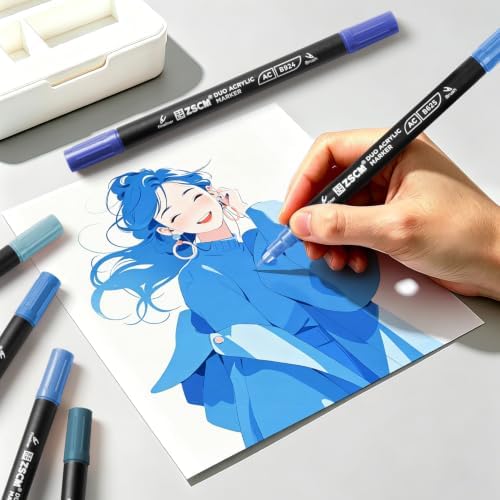 ZSCM 12 Blue Acrylic Paint Markers, Dual Fine & Brush Tip Acrylic Pens