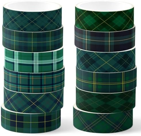 Green Plaid Washi Tape Set - 12 Rolls Decorative Masking Tape for Journal