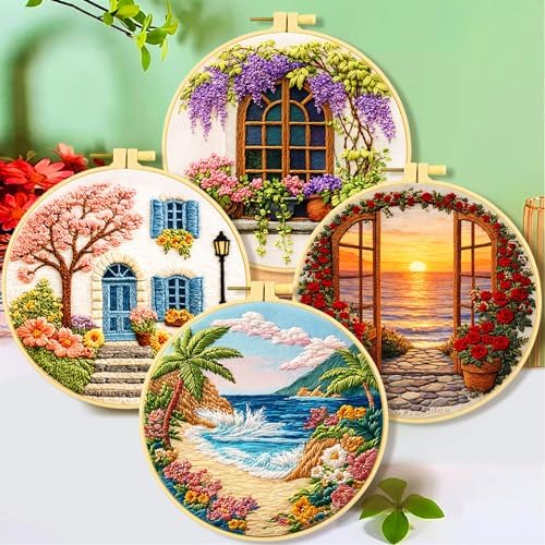 Zhenqing 4 Landscape Scenes Embroidery Kit for Beginners, 4-Pack Circular Designs with 20cm Hoop, Pre-Printed 29x29cm Cotton Fabric & Threads for Home Decor (JC0038)