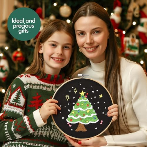 wtisan Christmas Embroidery Kit, Cross Stitch Kits for Beginners, Needlepoint with All Tools & Instructions, Stamped Hand Embroidery Starter Kit for Holiday Crafts & Xmas Home Decor, W16
