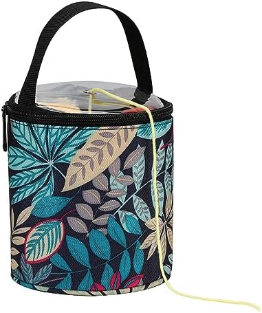 mini yarn storage small size yarn bag for crocheting with holes,empty round knitting tote bags protable yarn holder,perfect for travel,beginner & crocheter(Blue Leaves)